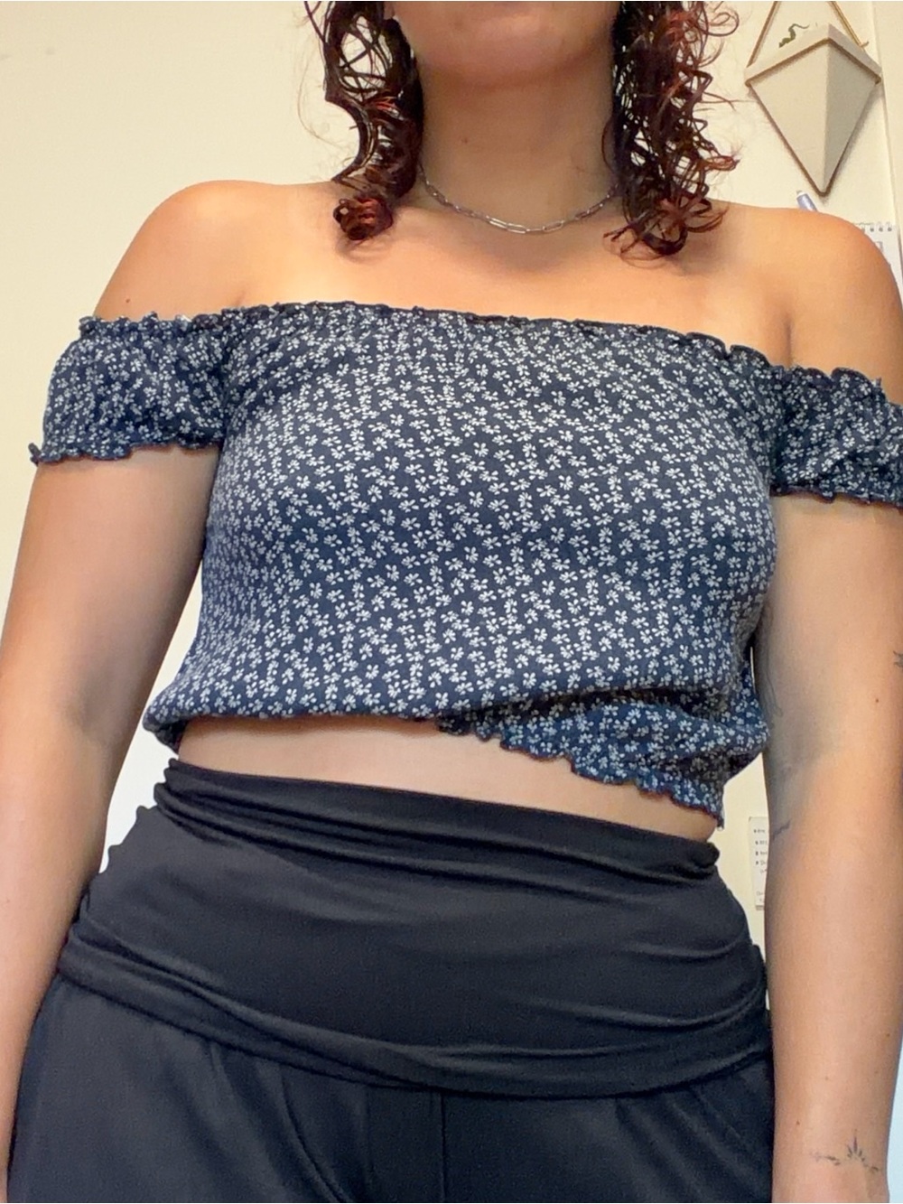 Brandy Melville Navy Blue Floral Off-Shoulder Crop Top